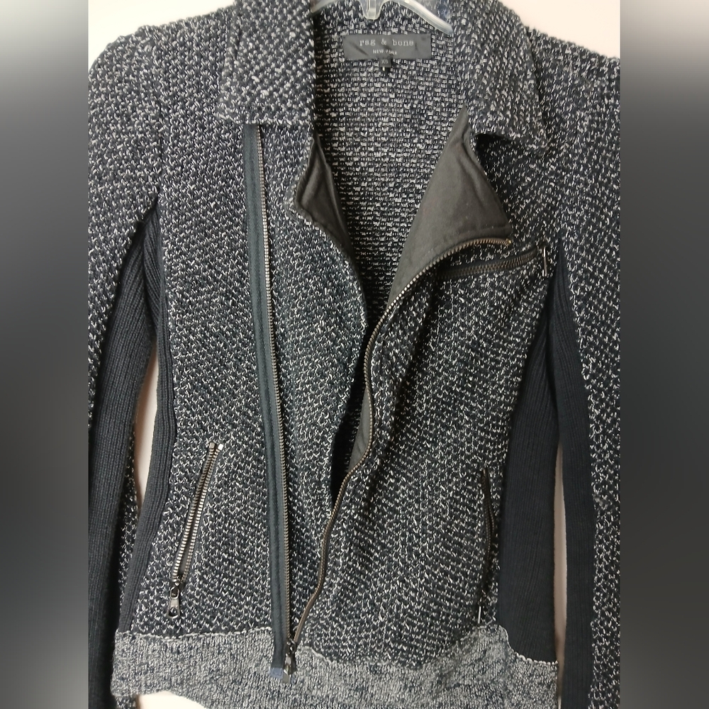 🍂 Rag & Bone Grey & Black Knitted & Fitted Zip up Jacket with flared collar XS - Picture 9 of 12